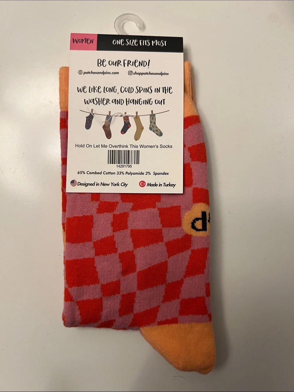Patches & Pins - Pink & Orange Novelty Socks - Hold On... Let Me Overthink This